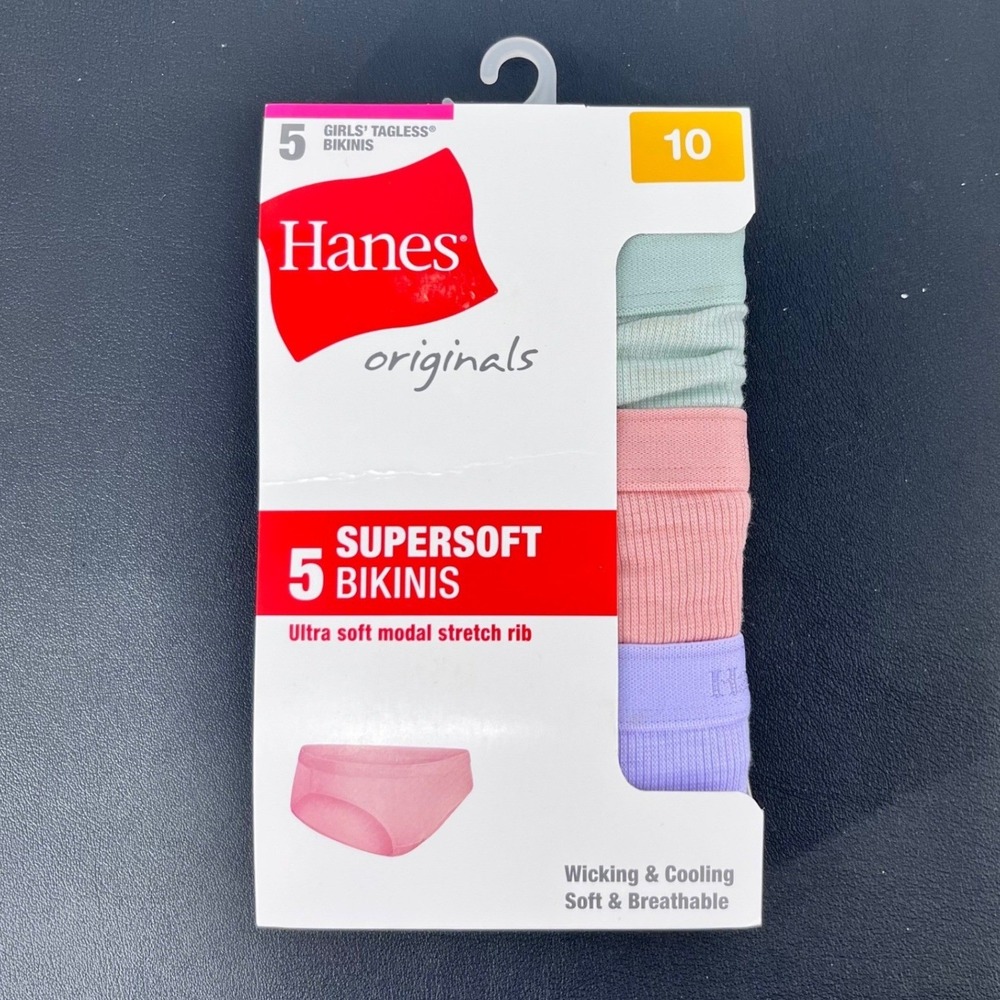 Hanes Originals Supersoft Girls Bikini 5 Pack Multicolor Size 10 Stretch Rib NEW